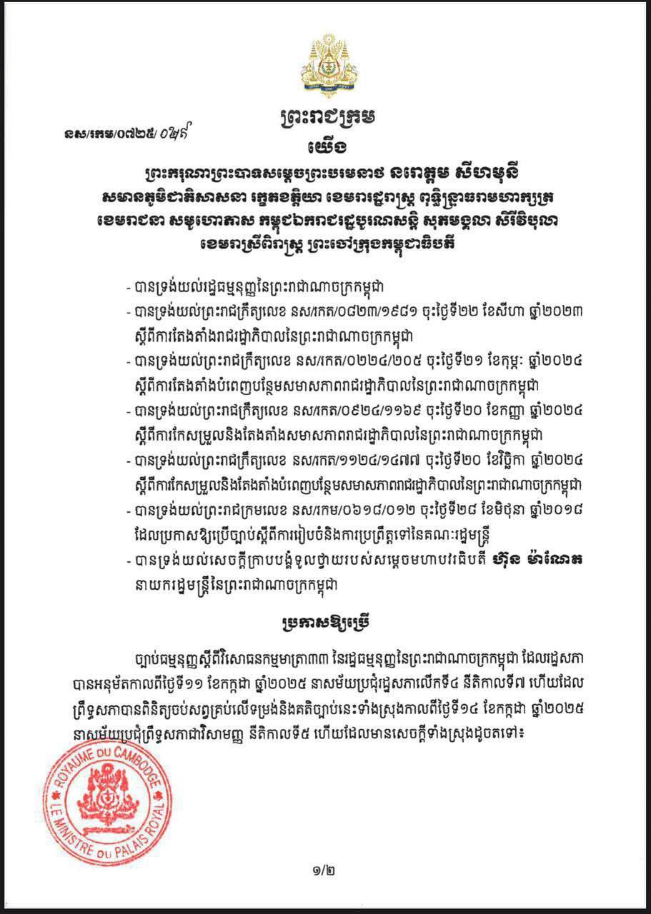 ព្រះរាជក្រម ប្រកាសឱ្យប្រើ ច្បាប់ធម្មនុញ្ញស្តីពីវិសោធនកម្មមាត្រា៣៣ នៃរដ្ឋធម្មនុញ្ញនៃព្រះរាជាណាចក្រកម្ពុជា ដែលរដ្ឋសភា បានអនុម័ត…